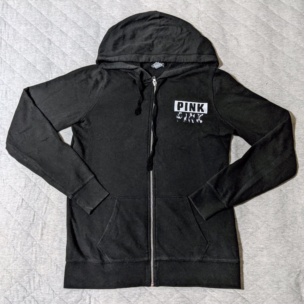 Victoria's Secret PINK Black Zip Up Hoodie Jacket Cheetah Print Gray Sz Small